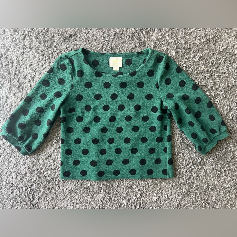 Maeve by Anthropologie Green and Black Polka Dot Top